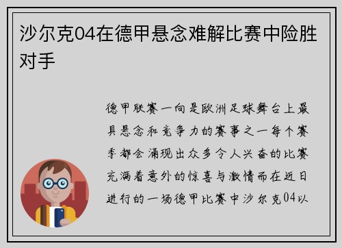 沙尔克04在德甲悬念难解比赛中险胜对手